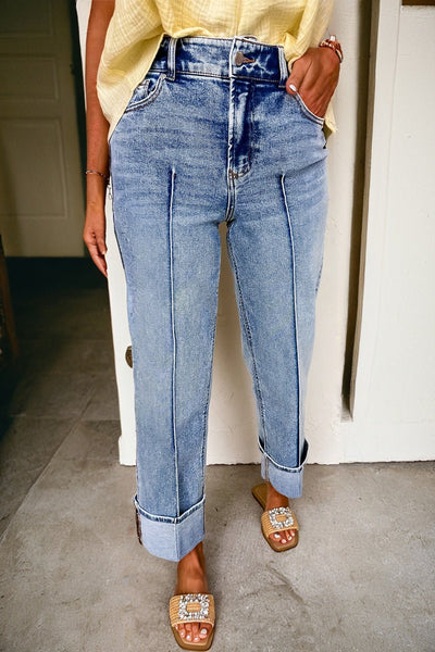 Women's High-Waisted Seamed Straight Leg Jeans in Classic Blue