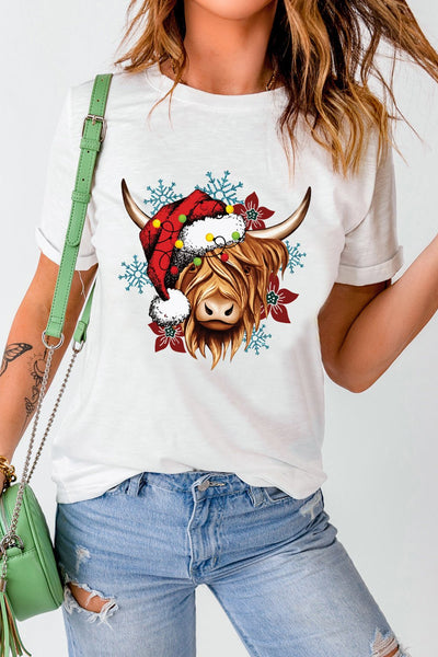 Women's Highland Cow Festive Christmas Graphic Tee in Soft Jersey