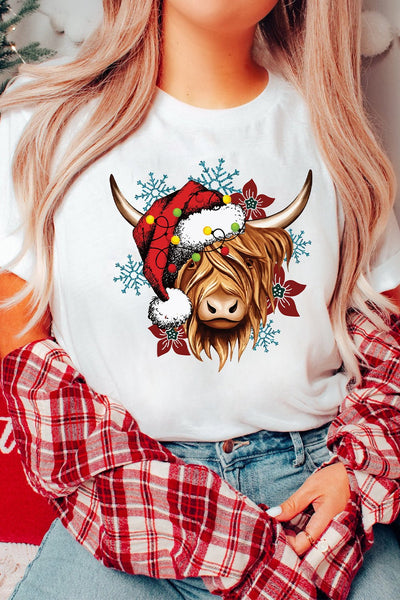 Women's Highland Cow Festive Christmas Graphic Tee in Soft Jersey