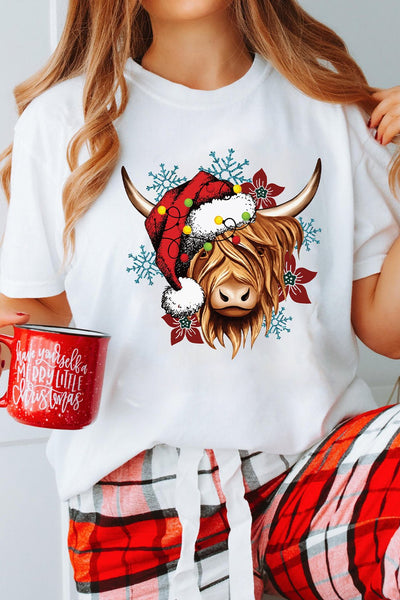 Women's Highland Cow Festive Christmas Graphic Tee in Soft Jersey