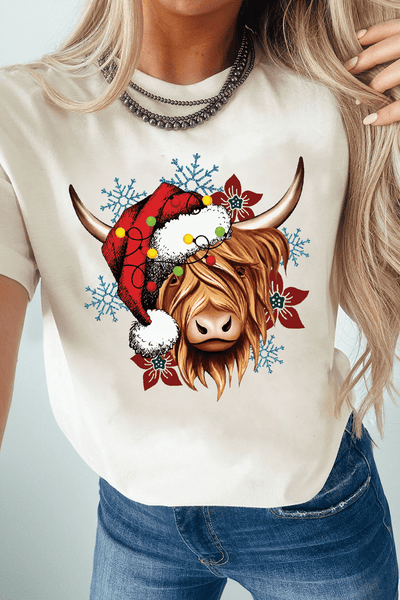 Women's Highland Cow Festive Christmas Graphic Tee in Soft Jersey