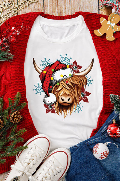 Women's Highland Cow Festive Christmas Graphic Tee in Soft Jersey