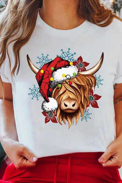 Women's Highland Cow Festive Christmas Graphic Tee in Soft Jersey