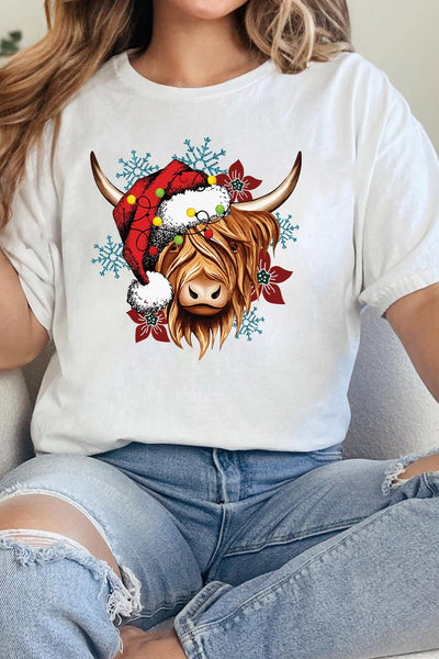 Women's Highland Cow Festive Christmas Graphic Tee in Soft Jersey