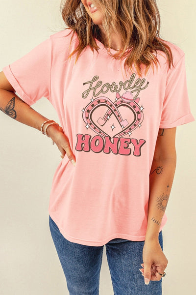 Women's Howdy Honey Pink Graphic Tee with Horseshoe Heart