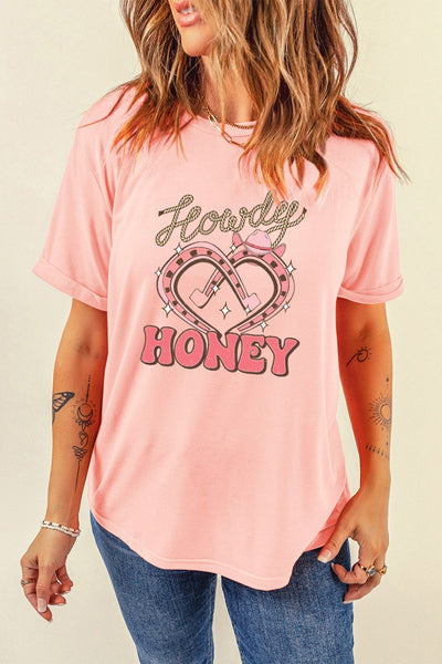 Women's Howdy Honey Pink Graphic Tee with Horseshoe Heart