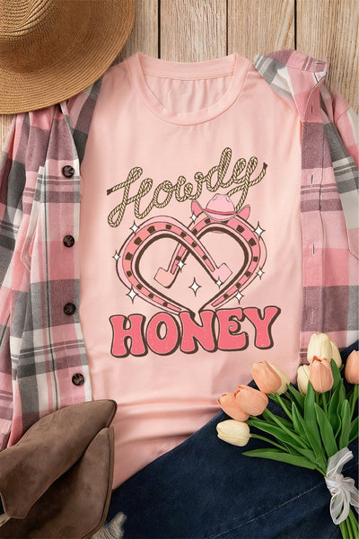 Women's Howdy Honey Pink Graphic Tee with Horseshoe Heart