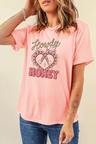 Women's Howdy Honey Pink Graphic Tee with Horseshoe Heart