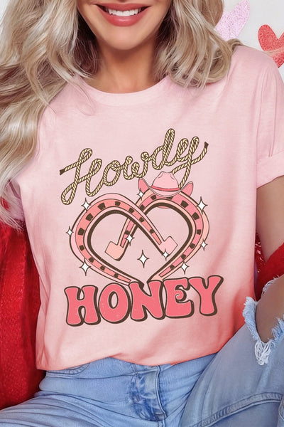 Women's Howdy Honey Pink Graphic Tee with Horseshoe Heart