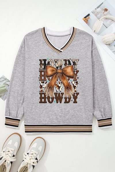 Women's Howdy Western Graphic V-Neck Sweatshirt with Fringed Bow