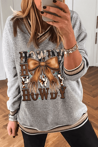 Women's Howdy Western Graphic V-Neck Sweatshirt with Fringed Bow