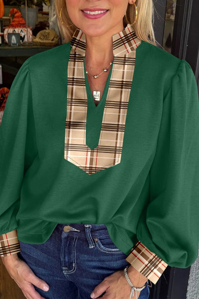 Women's Hunter Green Plaid Accent V-Neck Blouse with Bishop Sleeves