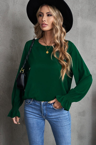 Women's Hunter Green Smocked Cuff Blouse with Bubble Sleeves