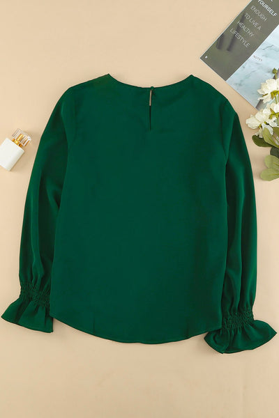 Women's Hunter Green Smocked Cuff Blouse with Bubble Sleeves