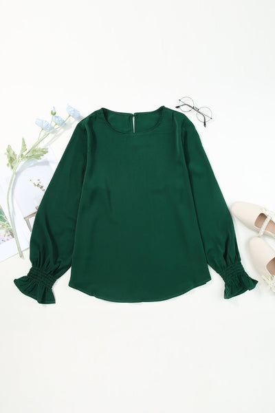 Women's Hunter Green Smocked Cuff Blouse with Bubble Sleeves