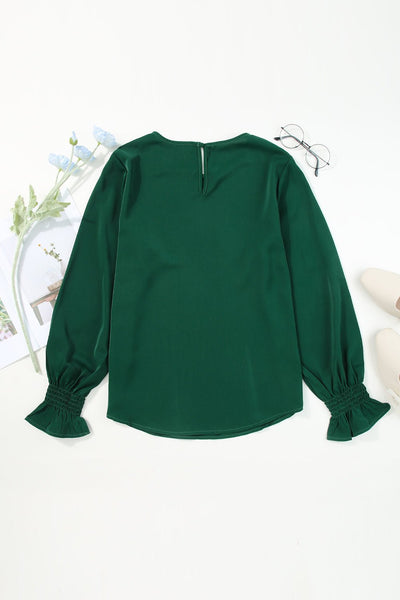 Women's Hunter Green Smocked Cuff Blouse with Bubble Sleeves