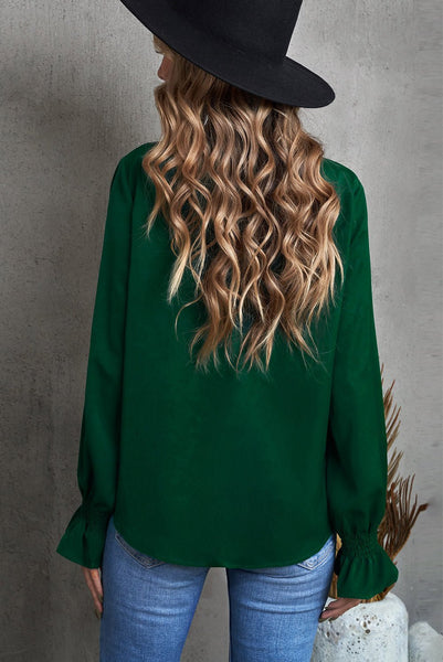 Women's Hunter Green Smocked Cuff Blouse with Bubble Sleeves