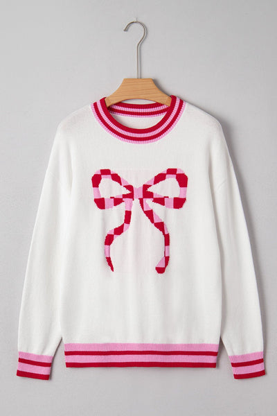 Women's Intarsia Bow Graphic Knit Sweater in White and Crimson