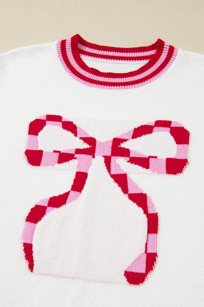 Women's Intarsia Bow Graphic Knit Sweater in White and Crimson