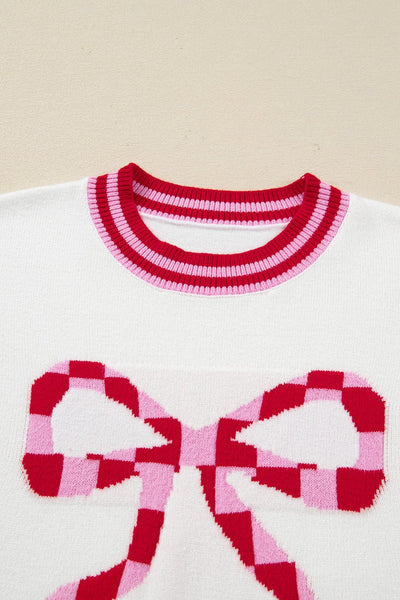 Women's Intarsia Bow Graphic Knit Sweater in White and Crimson