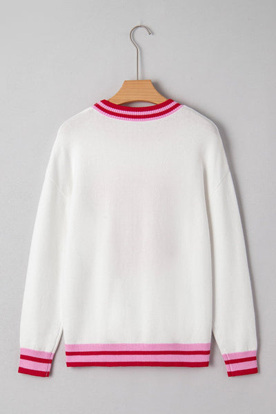 Women's Intarsia Bow Graphic Knit Sweater in White and Crimson