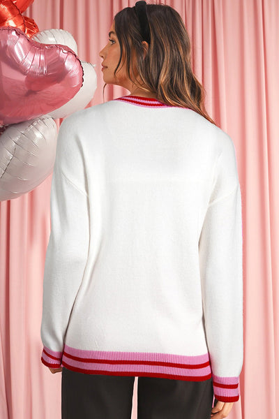 Women's Intarsia Bow Graphic Knit Sweater in White and Crimson