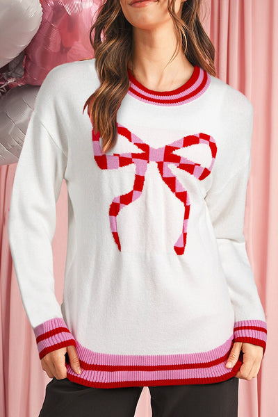 Women's Intarsia Bow Graphic Knit Sweater in White and Crimson