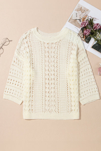Women's Ivory Pointelle Knit Sweater with Bracelet Sleeves