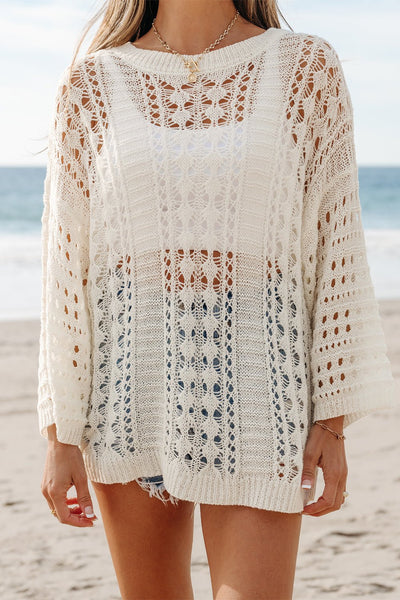 Women's Ivory Pointelle Knit Sweater with Bracelet Sleeves