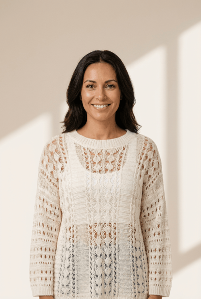 Women's Ivory Pointelle Knit Sweater with Bracelet Sleeves