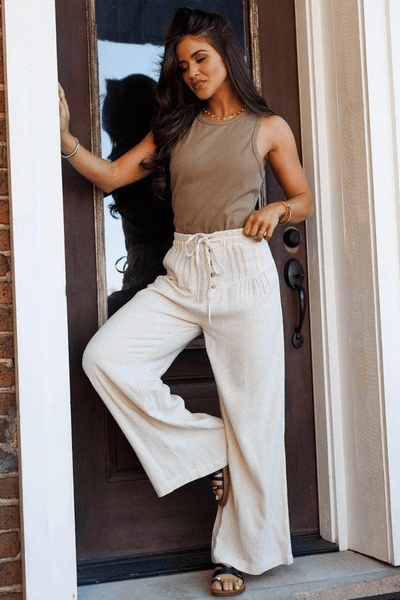 Women's Jet Stream Cotton-Viscose Wide Leg Pants with Button Detail