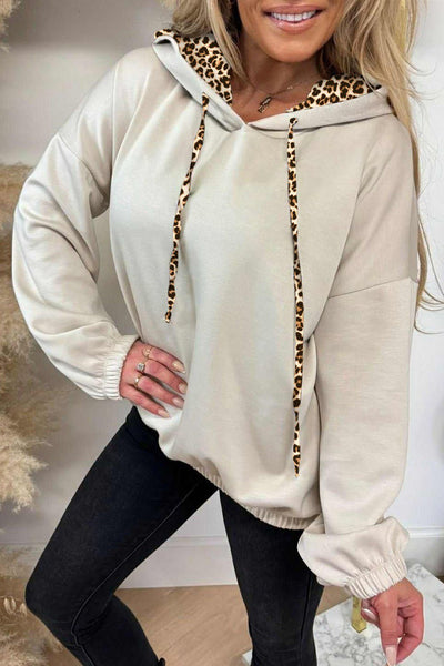 Women's Jet Stream Leopard Contrast Drawstring Hooded Sweatshirt