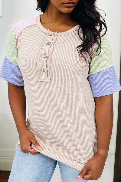 Women's Jet Stream Ribbed Henley Color Block Short Sleeve Top