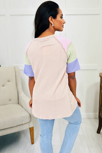 Women's Jet Stream Ribbed Henley Color Block Short Sleeve Top