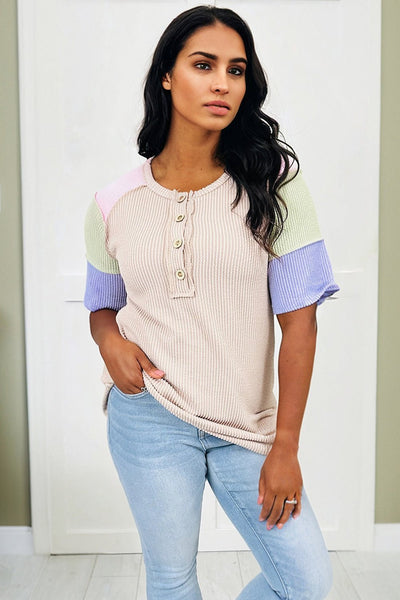 Women's Jet Stream Ribbed Henley Color Block Short Sleeve Top