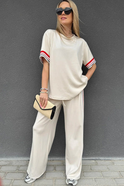Women's Jet Stream Striped Crewneck Tee and Straight Leg Pant Set with practical styling and dependable silhouette control.