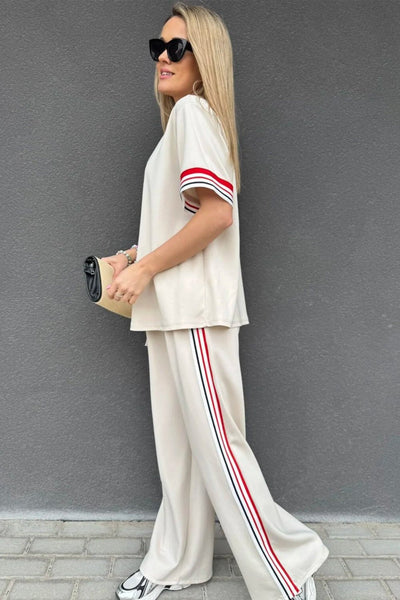 Women's Jet Stream Striped Crewneck Tee and Straight Leg Pant Set with practical styling and dependable silhouette control.