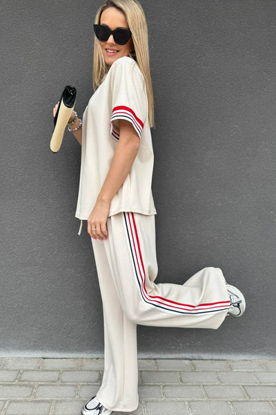 Women's Jet Stream Striped Crewneck Tee and Straight Leg Pant Set with practical styling and dependable silhouette control.