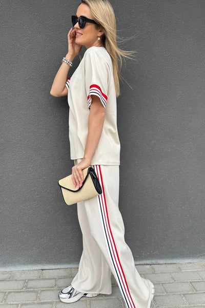 Women's Jet Stream Striped Crewneck Tee and Straight Leg Pant Set with practical styling and dependable silhouette control.