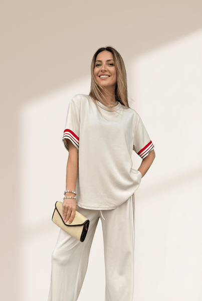 Women's Jet Stream Striped Crewneck Tee and Straight Leg Pant Set with practical styling and dependable silhouette control.