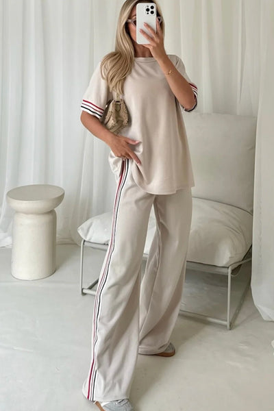 Women's Jet Stream Striped Crewneck Tee and Straight Leg Pant Set with practical styling and dependable silhouette control.