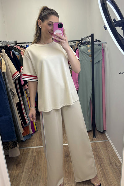 Women's Jet Stream Striped Crewneck Tee and Straight Leg Pant Set with practical styling and dependable silhouette control.