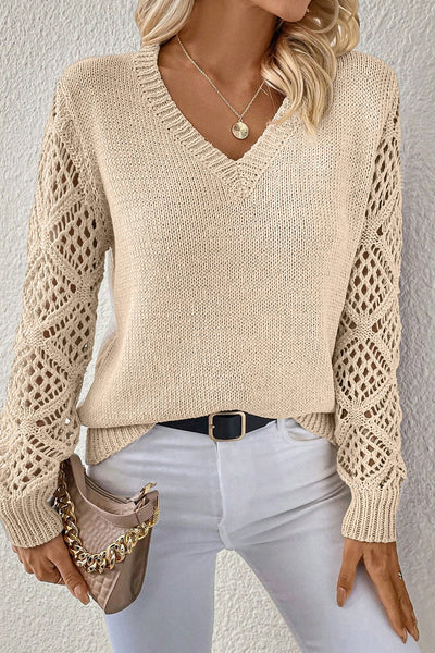 Women's Jet Stream V-Neck Sweater with Pointelle Knit Sleeves
