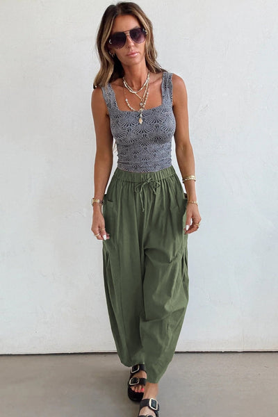 Women's Jungle Green Barrel Leg Cotton-Viscose Utility Pants