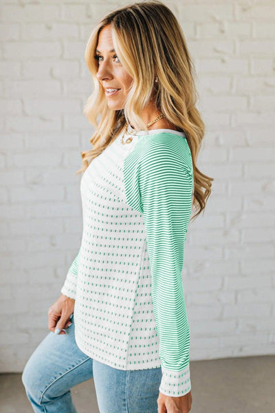 Women's Kelly Green Striped Raglan Tee with Textured Patchwork