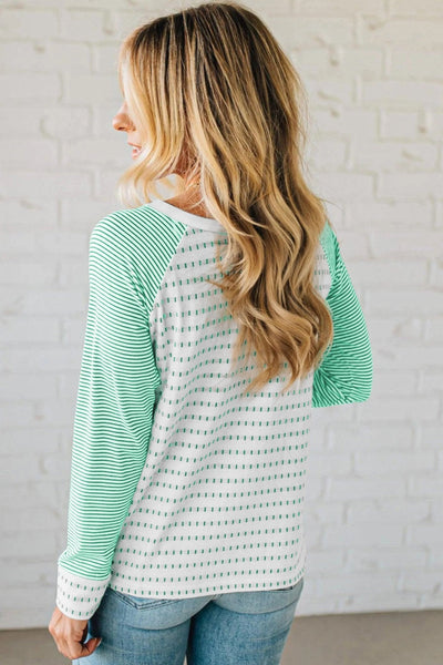 Women's Kelly Green Striped Raglan Tee with Textured Patchwork