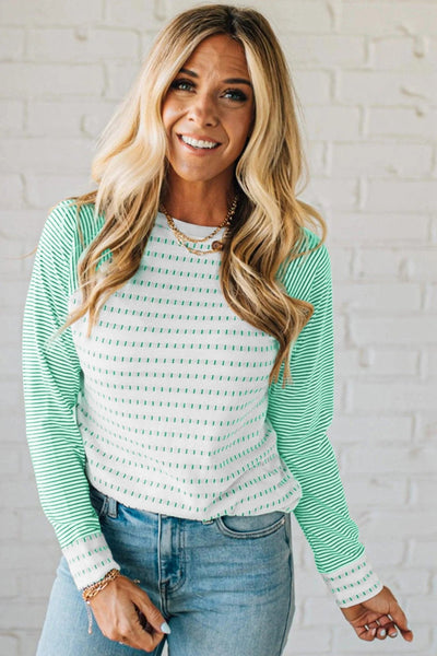 Women's Kelly Green Striped Raglan Tee with Textured Patchwork
