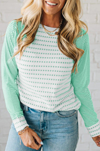 Women's Kelly Green Striped Raglan Tee with Textured Patchwork