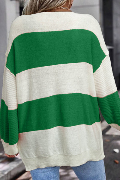 Women's Kelly Green Striped V-Neck Sweater with Bubble Sleeves