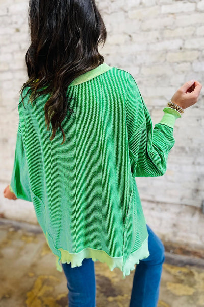 Women's Kelly Green Twisted Rib Knit Top with Asymmetrical Hem